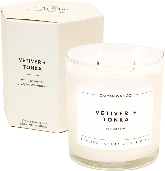 Calyan Wax Co. Vetiver & Tonka 2 Wick Scented Candle - 37 Hour Burn - Luxury Clean Soy Wax Candles - Long Lasting Large Glass Jar Candle for Home - 8.8oz