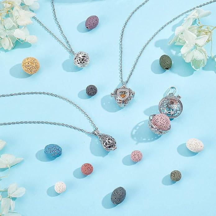 PH PandaHall 4pcs Essential Oil Diffuser Necklace Aromatherapy Locket Pendant With Stainless Steel Necklace And 26 Pieces Refill Lava Rock Round Beads for Women Jewelry Accessory Birthday Gift