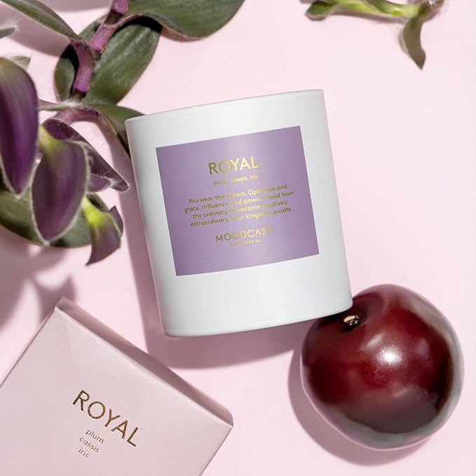 Moodcast Royal Scented Candle - Aesthetic Candle for Home, Plum, Cassis & Iris, Clean Coco Wax Blend, Vegan, Paraben Free, 45-Hour Long Lasting Burn - 8oz