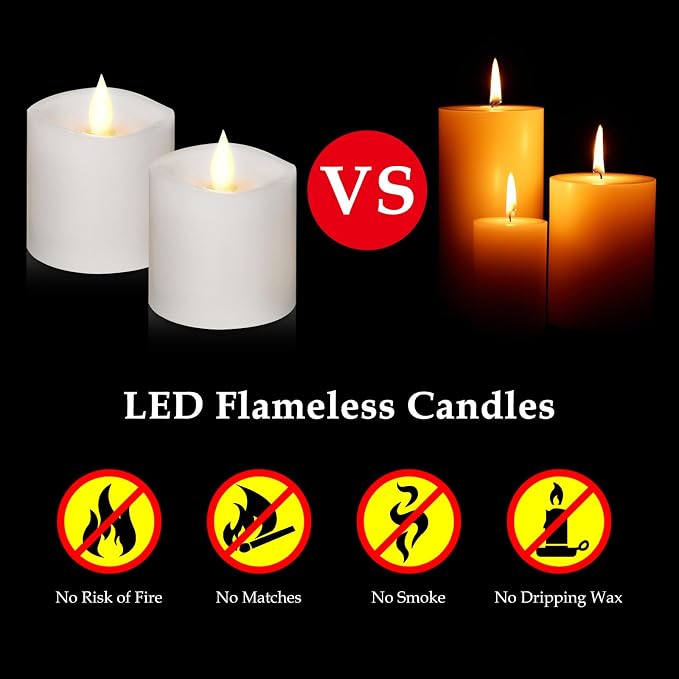 Flickering Flameless Candles Battery Operated with Remote Timer - Realistic 3D Moving Flame Candles, 600+ Hours Long-Lasting White LED Wax Candles for Wedding Home Decor, 3x3 Inch Set of 2