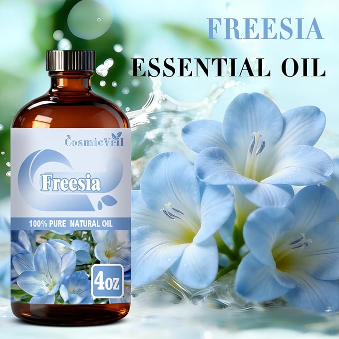 Freesia Essential Oil Freesia Oil for Aroma Diffuser,Humidifier,Home Fragrance,Cleaning,Body Care,Massage,Yoga,DIY Candle,DIY Soap CosmicVeil（Freesia，4 Fl Oz (Pack of 1)）
