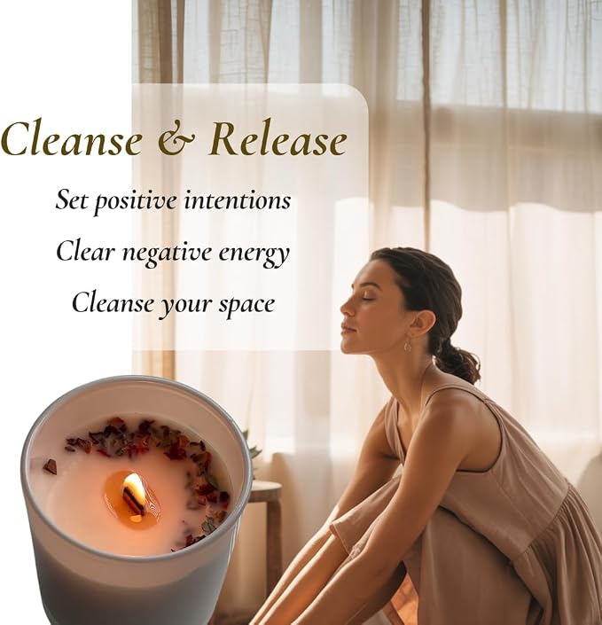Sage Smudge Candle – Crystal-Infused with Rose Quartz & Botanicals – Self Love Ritual for Energy Cleansing & Manifestation