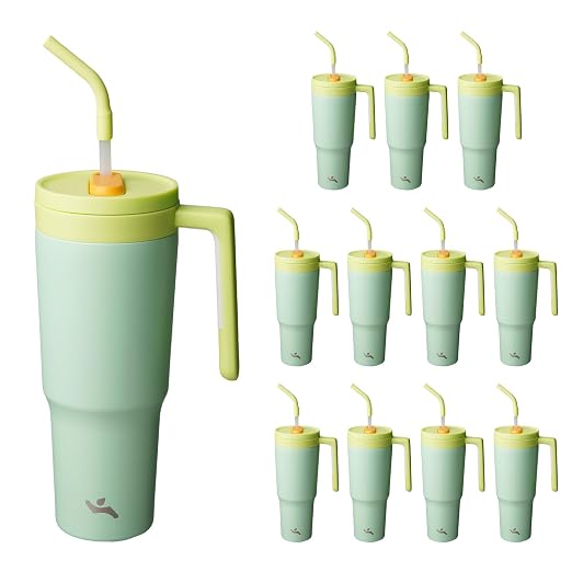 Konokyo 12 Pack 40 Oz Tumblers with Handle and Straw, Bulk Vacuum Insulated Stainless Steel Travel Mugs with Lids for Office, Events and Group Orders Lime