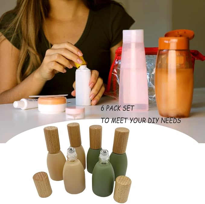 6Pcs 12ml/0.4 oz Glass Roll On Bottle with Bamboo Lid for Essential Oils,Empty Refillable Roller Bottles for Perfume Sample with Stainless Steel Roller Ball,Travel Containers