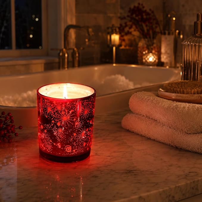 Viyffo 12oz Heat-Activated LED Light Up Scented Candle - Lavender & Eucalyptus, Non Toxic Soy Candle, Decorative Red Jar, Night Light Candle for Bedroom, Bathroom & Living Room, Novelty Gift