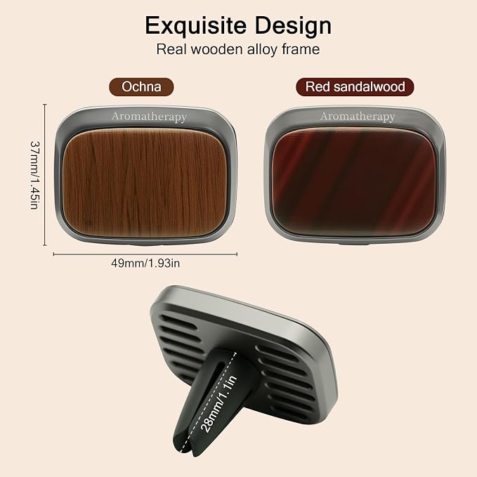 Car Air Freshener Vent Clip, Refillable Car Air Freshener Aromatherapy Diffuser with Wood & Metal Design, 2 Pack with 4 Solid Refill Pads, White Tea & Cologne
