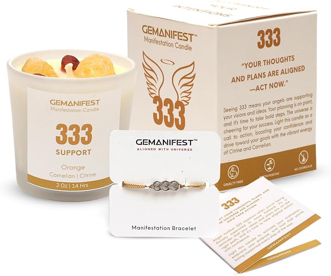 Angel Number 333 Manifestation Candle Crystal Infused Soy Wax with Citrine & Carnelian Orange Scented Spiritual Gift for Support Meditation Affirmation and Energy Alignment