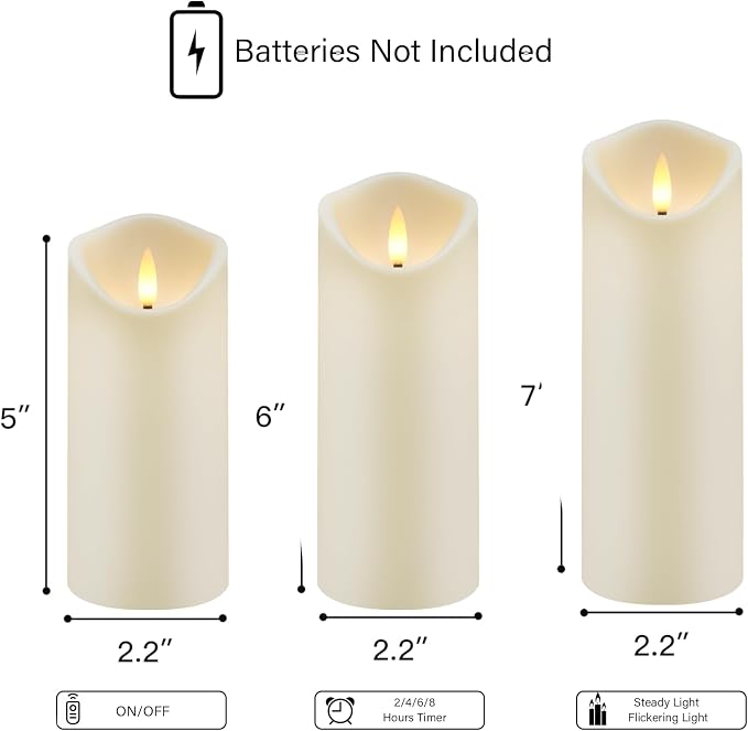 kakoya Flickering Flameless Candles, Battery Operated Acrylic LED Pillar Candles with Remote Control and Timer,Set of 9 (Ivory)