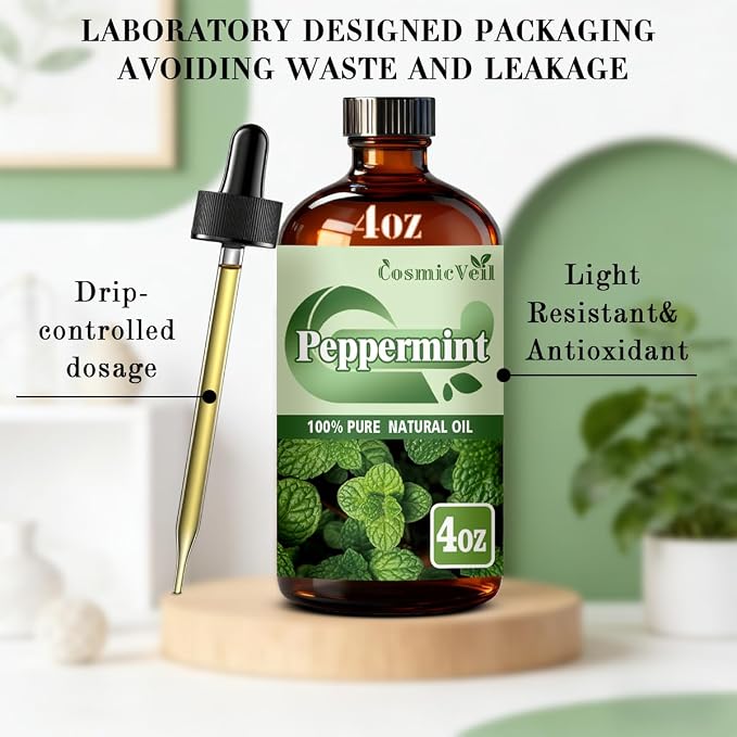 Peppermint Essential Oil Peppermint Oil for Aroma Diffuser,Humidifier,Home Fragrance,Cleaning,Body Care,Massage,Yoga,DIY Candle,DIY Soap CosmicVeil（Peppermint，4 Fl Oz (Pack of 1)）