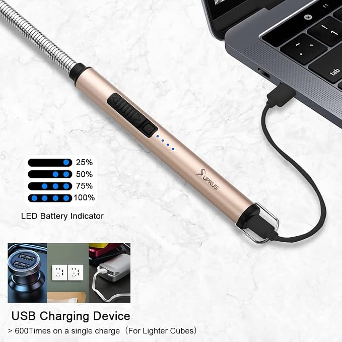 SUPRUS Electric Candle Lighter USB Type C Rechargeable Lighter Steel Shell & Hanging Hook with 360° Flexible Neck(Gold)