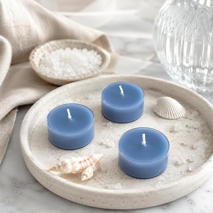 Ocean Sea Salt Scented Tealight Candles, Blue Scent Tea Lights Candles Clear Cup, 24 Pack Colored Tealights Candle, 6 Hour Burn Time Tea Candles for Party, Decor, Spa, Shabbat