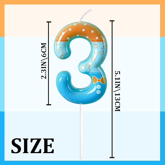 Number 3 Birthday Candle for Cake – Blue Cartoon Outfit Style with Bow Tie, Question Mark & Star Pattern – Fun Cake Topper Decoration for Celebration
