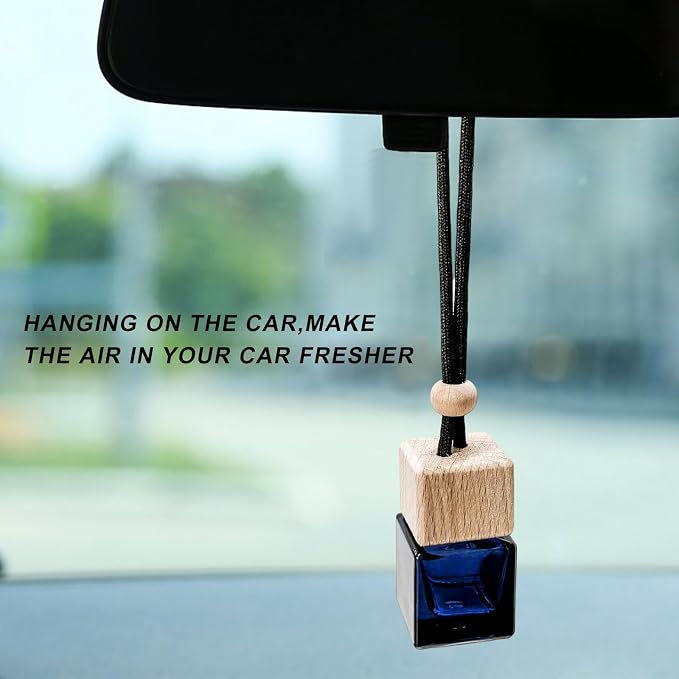 10PCS Hanging Car Air Freshener Bottle, Empty Glass Car Diffuser Cube Bottle Pendant with Wooden Cap, Refillable Essential Oil Bottles Hanging Ornament for Auto Home Office