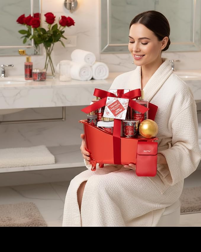 Spa Gift Basket Spa Gift Set For Women, Birthday Gifts for Her, Spa Gift Basket for Women, Red Rose Bath and Body in Floral Scents Bath Kits, Home Spa Gift Basket, Bath Spa Kit for Mothers day Lotion