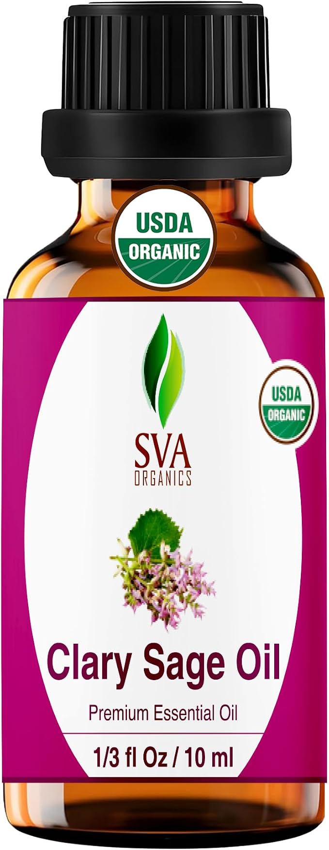 SVA Clary Sage Essential Oil Organic – 1/3 Fl Oz – 100% Natural Organic Clary Sage Oil - for Diffuser, Hair Care, Face, Skin Care, Aromatherapy, Scalp and Body Massage, Soap and Candle Making