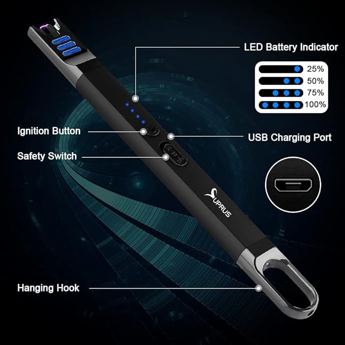 SUPRUS Candle Electric Arc Lighter Windproof Flameless USB Rechargeable Lighter with LED Light for Candle Camping BBQ Cooking (Black&Black)