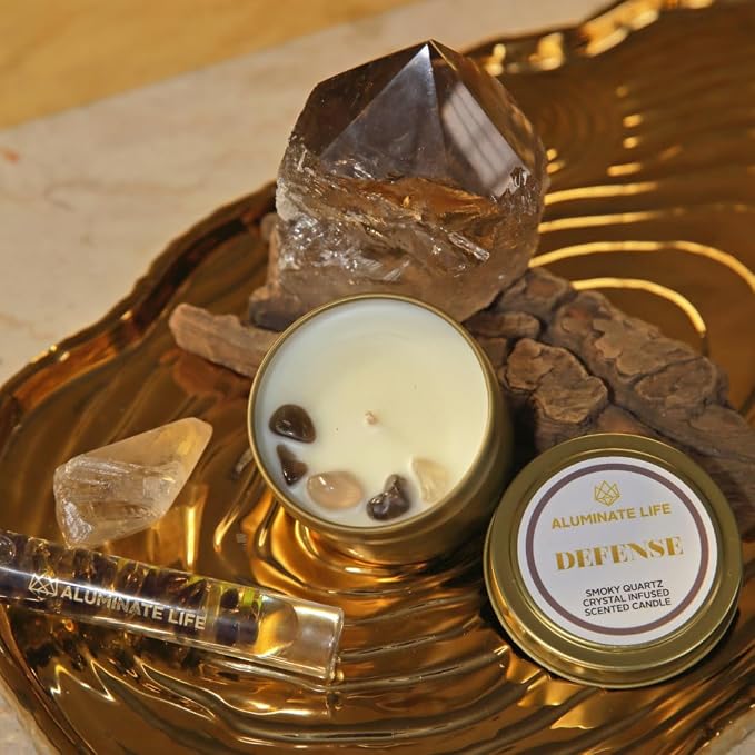 Luxury Candle Tin, 6 OZ, Defense - Smoky Quartz Crystal Infused - Scents of Frankincense, Neroli, & Sage - Detoxify, Ground, & Fortify - Coconut Wax Blend, Essential Oils