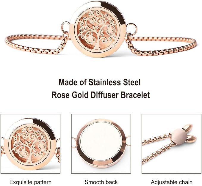 ttstar Essential Oil Diffuser Bracelet Stainless Steel Aromatherapy Locket Adjustable Bracelet Set with 24 Refill Pads in 12 Assorted Colors, Gifts Set for Women(Rose Gold)