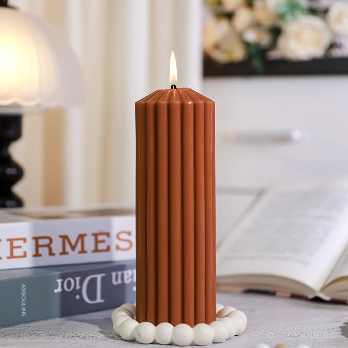 Burnt Orange Ribbed Pillar Candles Set of 3-Spiced Orange,Cinnamon & Clove Scented Soy Wax，Aesthetic Retro Textured Pillars-2.8x4,6,8in,High-Low Trio for Boho Home Decor,Spa & Gifting