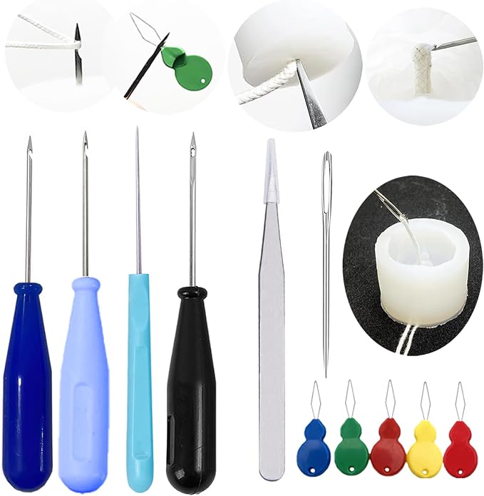 11 PCS Candle Punch Wicking Needle tools with Hook & Eye Mold Hole Punch Candlewick Inserting Tool Tweezer for Silicone Molds Large-Eye Candle Wicking Needle Threader for Candlewick of All Thicknesses