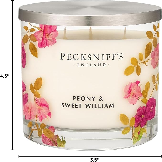 Pecksniff’s 3 Wick Candle – Peony & Sweet William, 550 g / 19.4 oz – Long Lasting Burn, Elegant Home Decor & Relaxing Ambiance