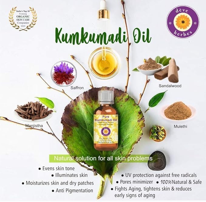 Deve Herbes Kumkumadi Face Oil with Glass Dropper | Traditionally Extracted | Pure | Saffron-Enriched | Non-Sticky | Lightweight | Ancient Ayurvedic Blend | For All Skin Types | Men & Women | 30ml