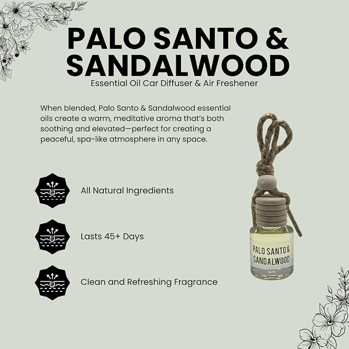 Palo Santo & Sandalwood (Santal) Hanging Car Air Freshener – Long Lasting Essential Oil Diffuser for Car, Closet, Bathroom – 2-Pack Natural Scent Deodorizer for men and women