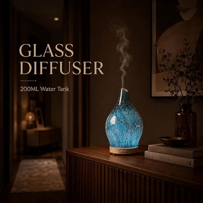 Glass Oil Diffuser with 3 Essential Oil Set,200ml Diffuser for Table Decor,Small Humidifier with Timer,7 LED Color Lights for Small Space Office Bedroom Room Decor Gifts for Women Men