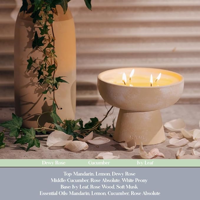 Blueme Renew Candle | Ivy & Rose | 4 Wick - Refillable Wellness Candle with Essential Oils, Hand Finished & Poured Soy Wax Blend Ceramic Vessel, Natural Cotton Wicks | Large 24 oz