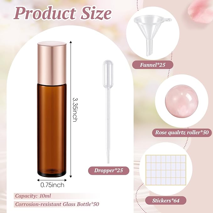 Domensi 50 Pack 10ml Rose Quartz Roller Bottles for Essential Oils, Refillable Amber Glass Roll on Bottles Kit, Leak-proof for Travel, Aromatherapy, DIY Perfume & Gifts