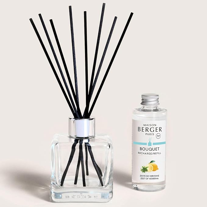 MAISON BERGER Reed Diffuser Bouquet, 100 ml, Zest of Verbena | Clear Glass Bottle, 8 Reed Sticks, 100 ml Refill, Up to 6-Week Passive Diffusion, No Flame, Made in France