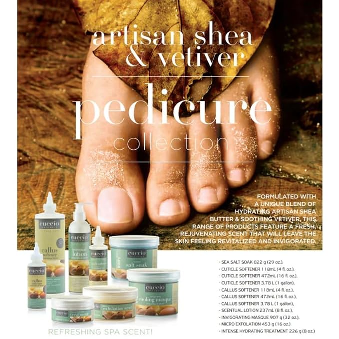 Cuccio Naturale Pedicure Essentials Starter Set, Artisan Shea & Vetiver, 8-Piece At-Home Pedicure Kit with Callus Softener 2 oz, Base & Top Coat, Heel Buffer & Nail Tools