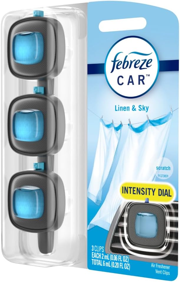 Febreze Car Air Freshener, Odor-Fighting Automotive Vent Clip, Linen & Sky Scent, 3 Count