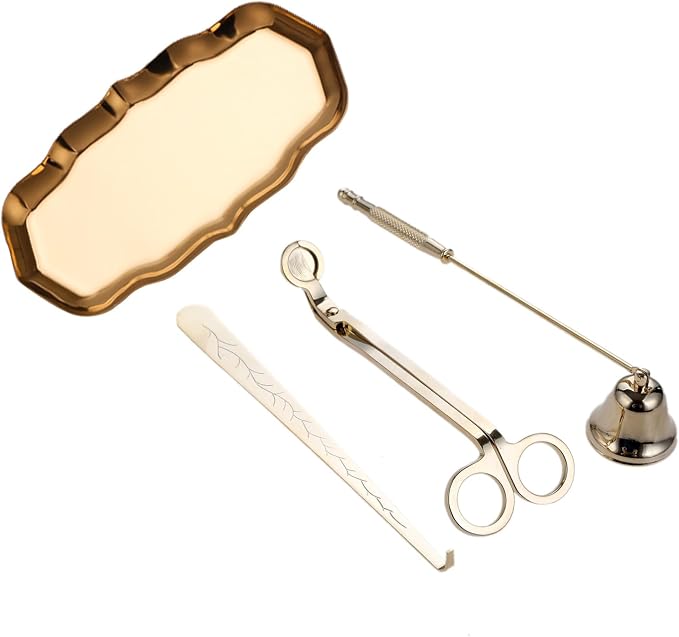 MUXSAM Candle Accessory Set Gift Box, Exquisite Wave Storage Tray Plate, Candle Wick Trimmer, Bell Candle Wick Snuffer, Candle Wick Dipper, 4-in-1 Candle Care Toll Kit for Scented Candle Lover, Gold