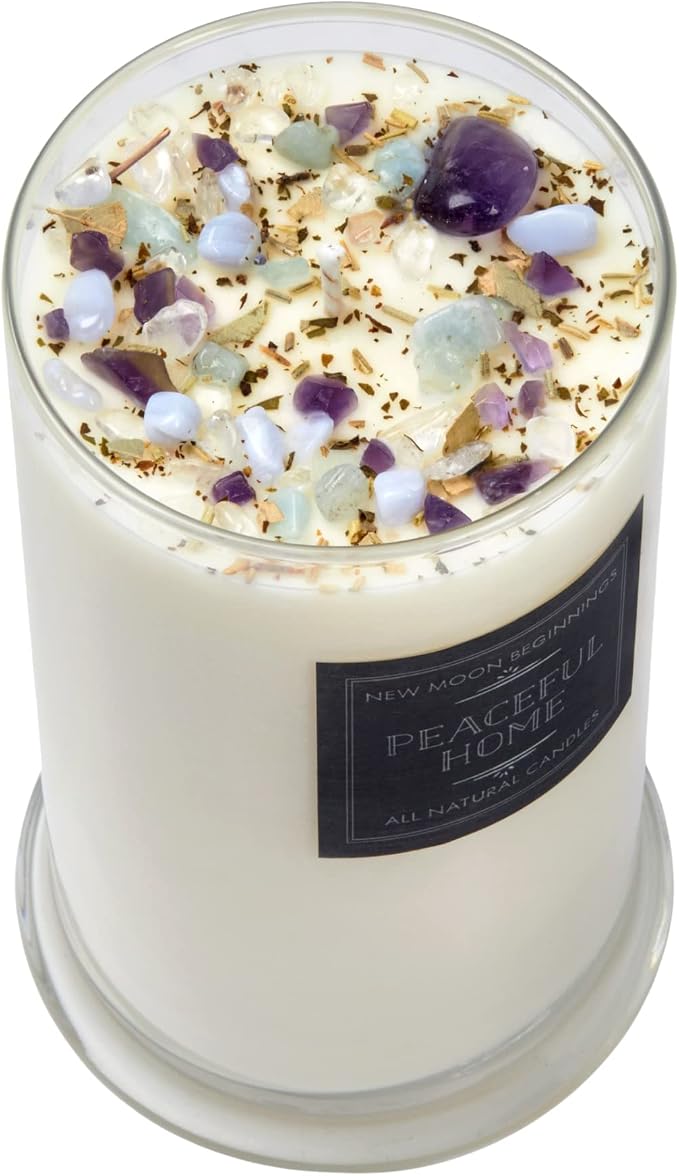 Peaceful Home® Candle by New Moon Beginnings - Stress Relief Candle - Energy clearing - All Natural Essential Oil Soy Candle - Crystal Candles (Peaceful Home, 21oz Glass Jar)