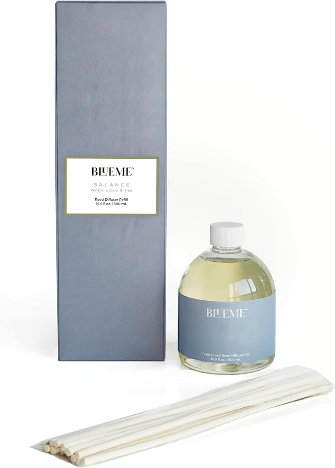 Blueme Balance Wellness Diffuser Oil Refill | White Lotus & Tea | 16.91 Fl Oz - Refillable Diffuser, Essential Oils, Ceramic, Rattan Reeds | Large