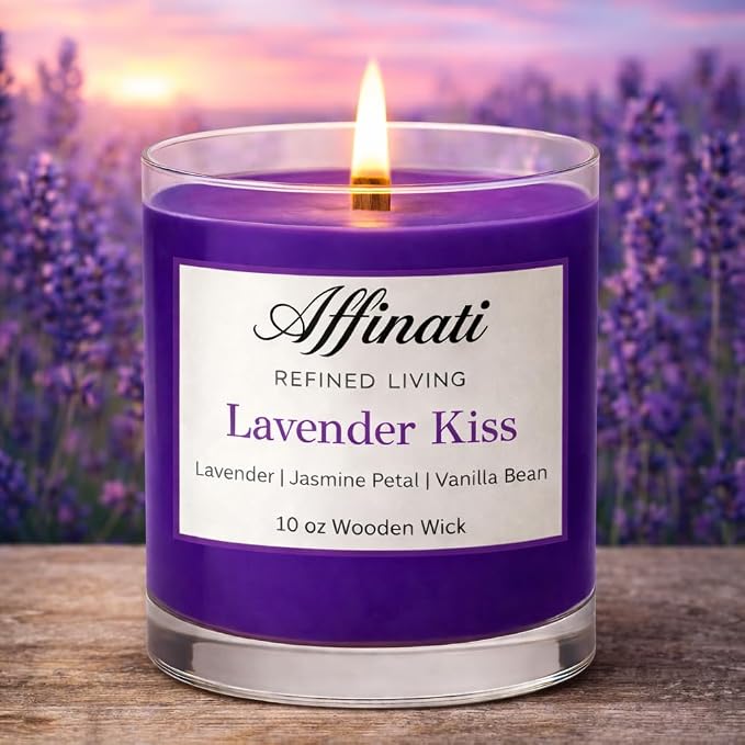 Affinati Lavender Kiss Scented Candle, 10 oz Wooden Wick Tumbler Jar – Calming French Lavender Aromatherapy for Sleep, Relaxation Soy Gift
