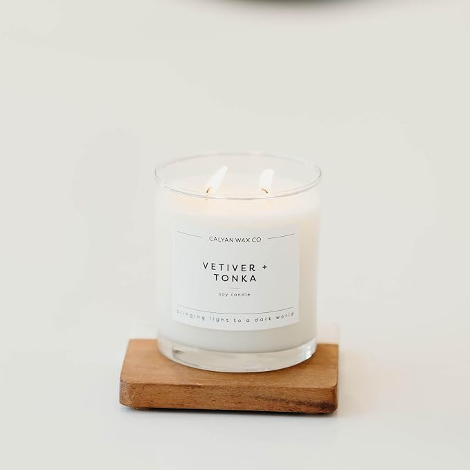 Calyan Wax Co. Vetiver & Tonka 2 Wick Scented Candle - 37 Hour Burn - Luxury Clean Soy Wax Candles - Long Lasting Large Glass Jar Candle for Home - 8.8oz