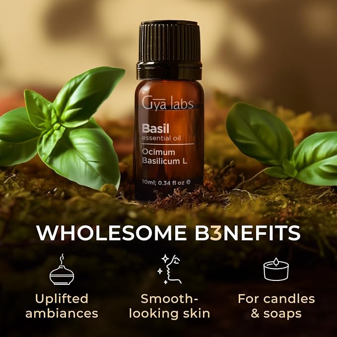 100% Pure Basil Essential Oil - 0.34 Fl Oz - Basil Oil for Hair, Skin, Diffuser, Aromatherapy & DIY Candle Making Scent