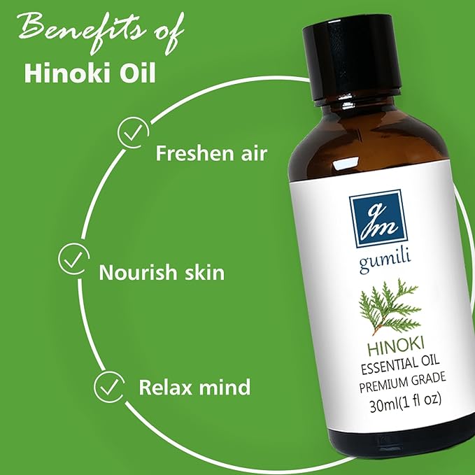 GM Gumili Hinoki Essential Oil 1 Oz – 100% Pure Natural Hinoki Oil for Diffuser, Skin, Hair, Massage & DIY, Refreshing Woodsy Aroma