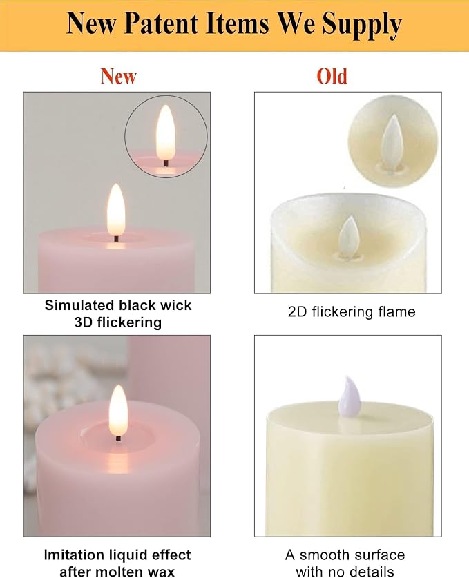 ANGELLOONG Pink Flameless Candles with Remote and Timer, Set of 3 Real Wax LED Pillar Candles Battery Operated Fake Candles for Pink Christmas Decor, Bedroom Bathroom