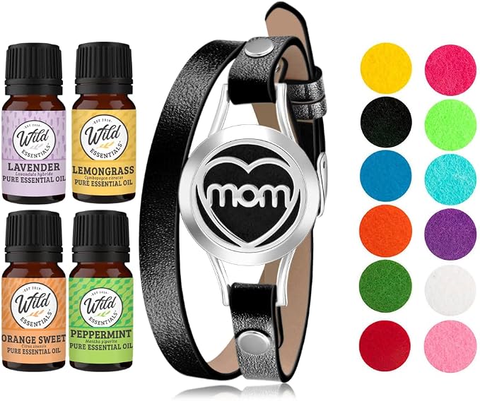 Wild Essentials MOM Essential Oil Leather Wrap Bracelet Diffuser Kit, Gift Set, Lavender, Lemongrass, Peppermint, Orange Oils, 12 Pads, Customizable Color Changing Perfume Jewelry, Aromatherapy