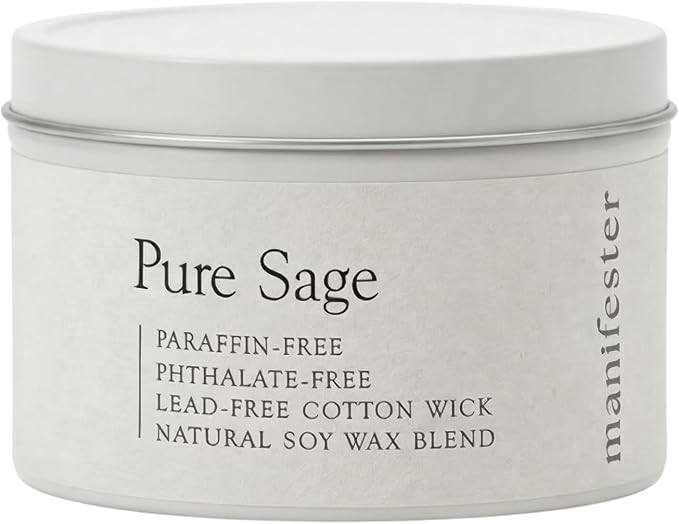 Pure Sage Natural Soy Wax Candle – Phthalate, Paraben & Paraffin Free – Clean Burn Cotton Wick (No Lead or Zinc) – Long-Lasting Aromatherapy – Energy Cleansing Smudge – 6 oz Tin Candle (Pure Sage)