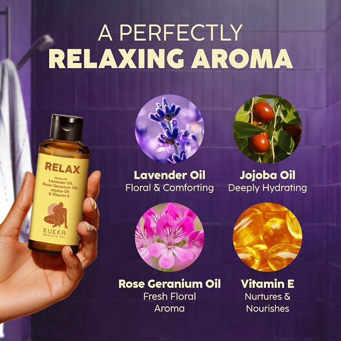 KUKKA Relax Massage Oil - 3.38 Fl Oz - Enhances Relaxation and Comfort for Bliss - Lavender Massage Oil for Massages Deepens Connections for Moments of Comfort - Natural Ingredients and Non-Greasy