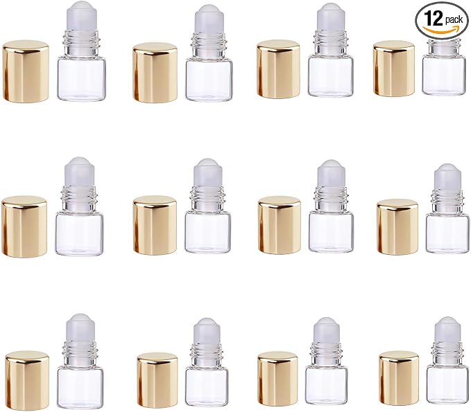 12 Pcs Gold 1ml Mini Glass Roll on Bottles Roller Refillable Essential Oil Aromatherapy Sample Vials Roller Bottles Container