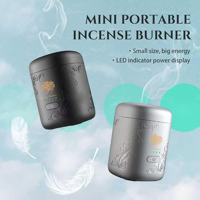 Mini Portable USB Smart Incense Burner, Rechargeable Arabic Oud Burner, Electronic Bukhoor Diffuser with LED Battery Indicator, Compact Aroma Diffuser for Home, Office, Car (Black)