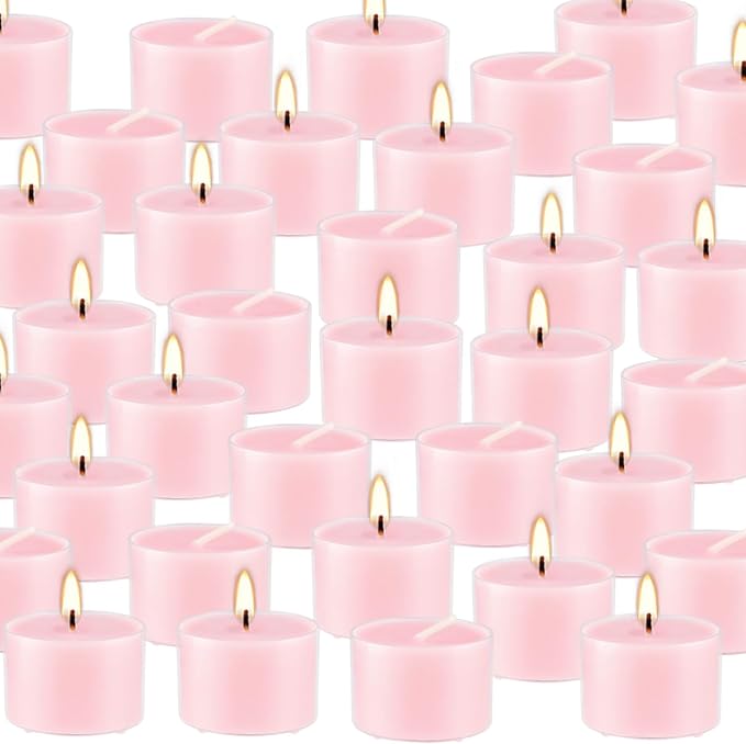Rose Scented Candle Tealight Candles in Clear Cup, 8 Hours Consistent Smkless Clean Burning, Great for Valentine's Day Holiday, Wedding, Spa, Emergency and Home Decoration（Pink，50 Pack）