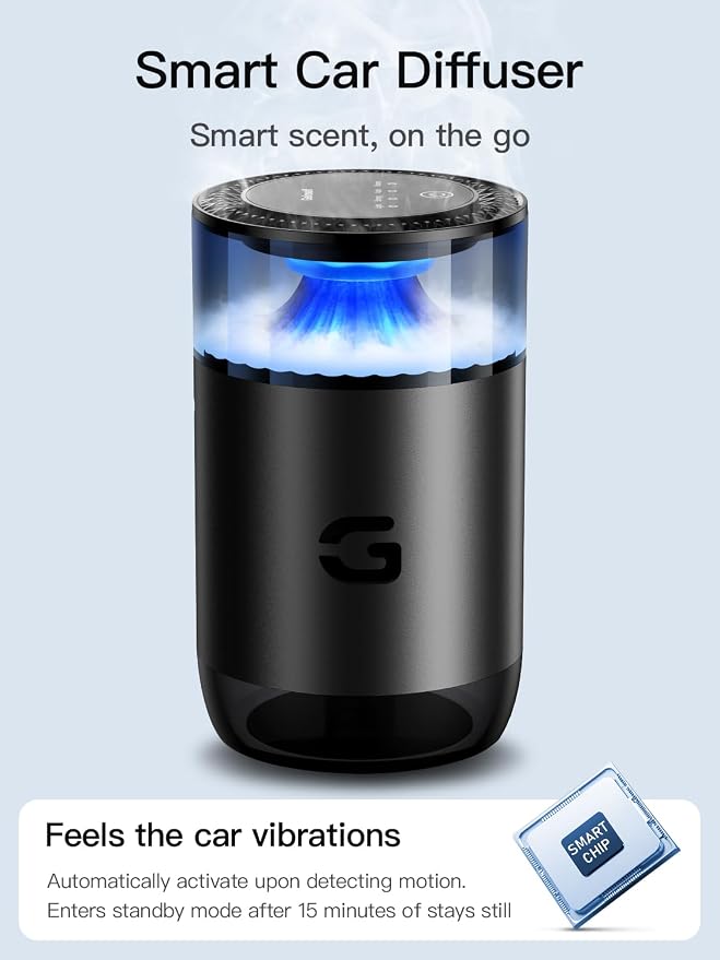 Smart Car Air Freshener Diffuser, Waterless Essential Oil Diffuser with 4 Modes, 4 Scent Refills, Auto On/Off, USB - C Rechargeable Wireless, Ambient Light for Home/Car Use (5502-Black)