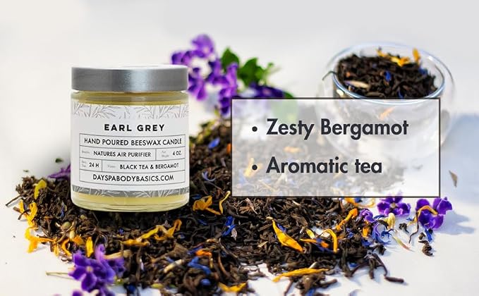 Earl Grey Hand-Poured Beeswax Candle - Natural, Cotton Braided Wick, Smokeless, Cleans Air, Non-Toxic, Non-Polluting, Non-Allergenic, Handmade in USA