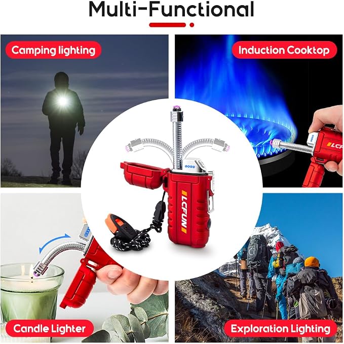 LcFun Electric Dual Arc Lighter USB Rechargeable, Windproof Plasma Lighters with LED Battery Indicator, Waterproof Flashlight Lighter with Whistle Lanyard for Camping, Survival Gear Gifts for Men